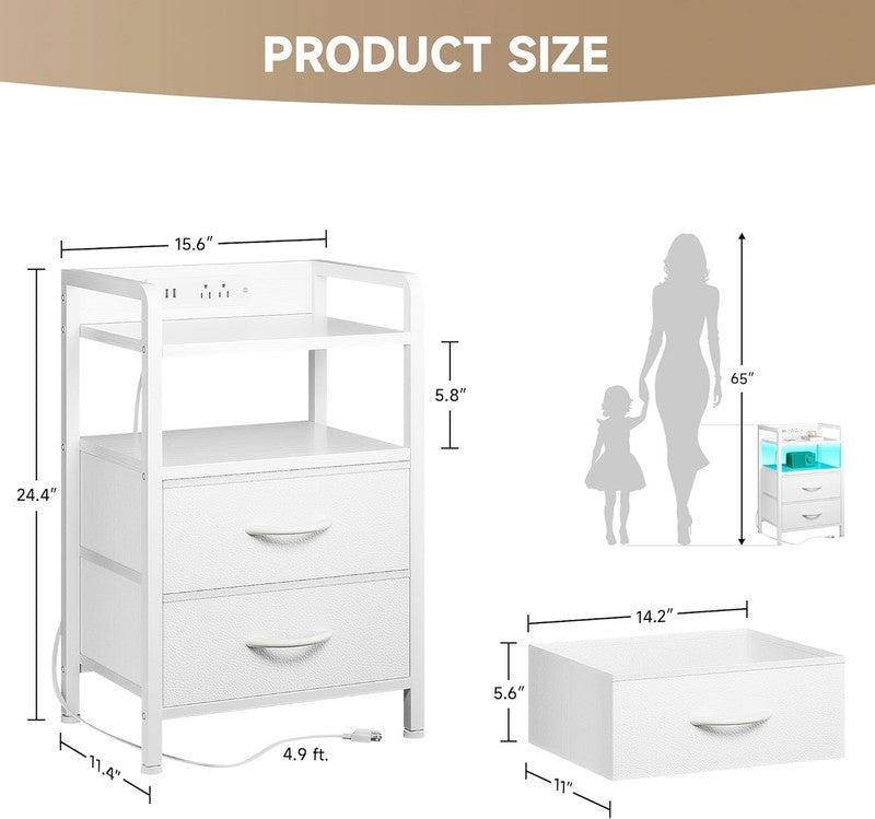 White Nightstand w/ Charging Station LED Light 2 Fabric Drawers USB & AC Outlets2