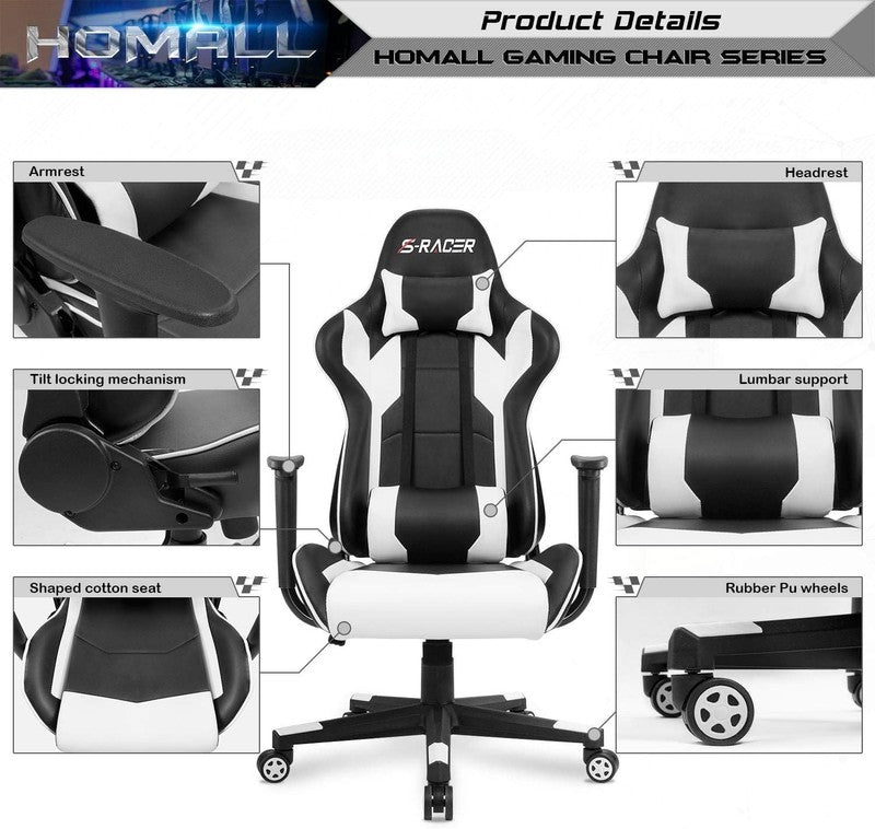 Ergonomic Gaming Chair with Headrest & Lumbar Support - White High Back Office C8