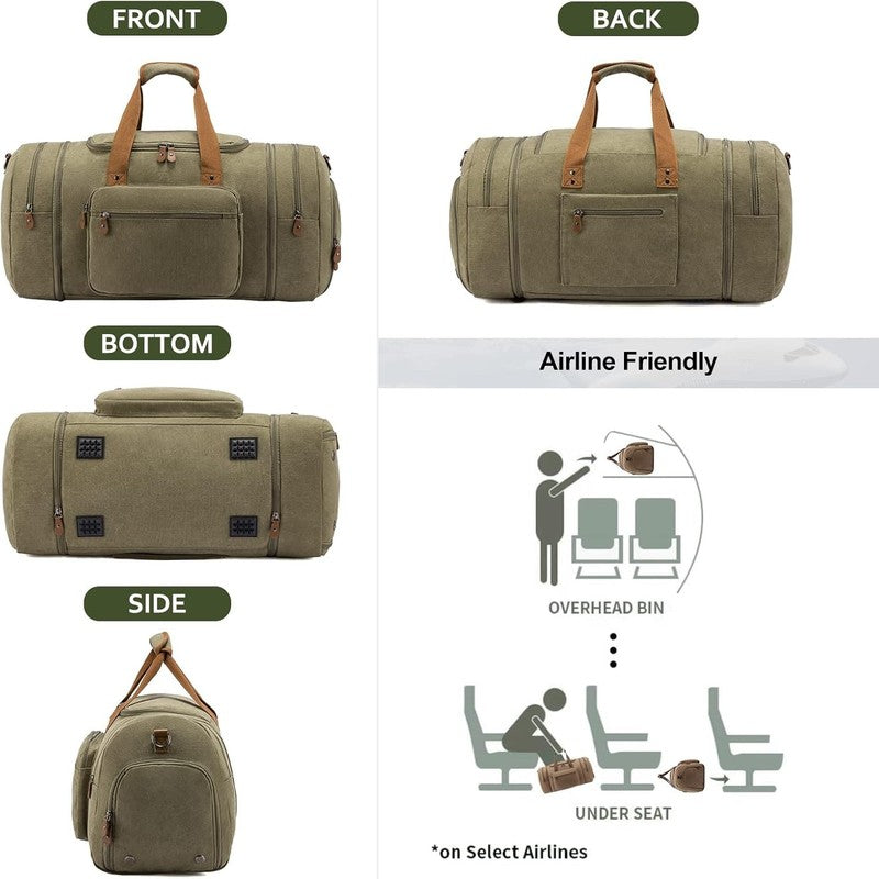 Canvas Travel Duffle Bag Army Green Carry On w/ Shoe Compartment Toiletry6