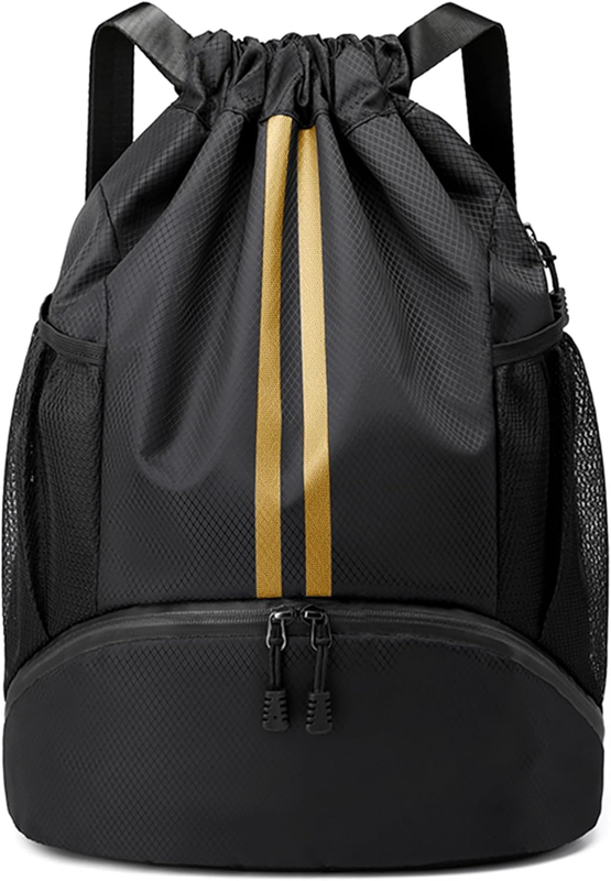Drawstring Backpack Gym Bag w/ Shoe Compartment Water Resistant Cinch Black Gold0