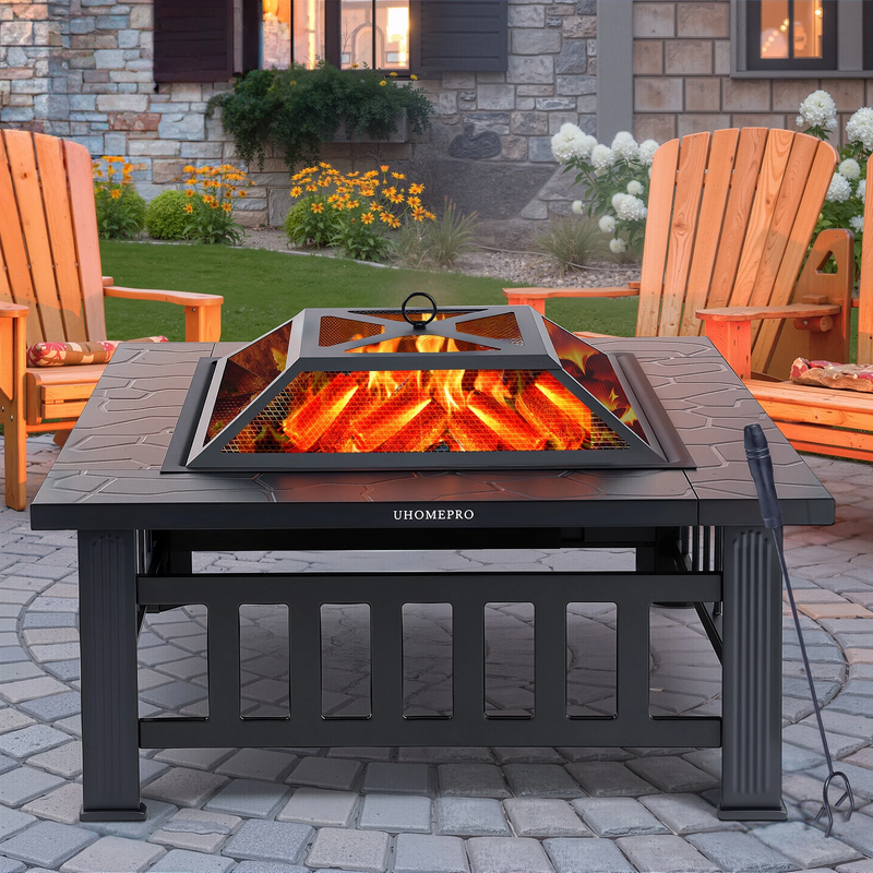 32" Outdoor Fire Pit Table Wood Burning w/ Lid, Poker, BBQ Net, Ice Tray, Black10