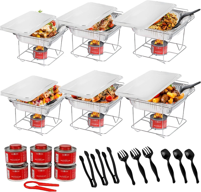 6 Pack   Disposable Chafing Dish Buffet Set, Half Size Pans, Welded Body Food Wa0