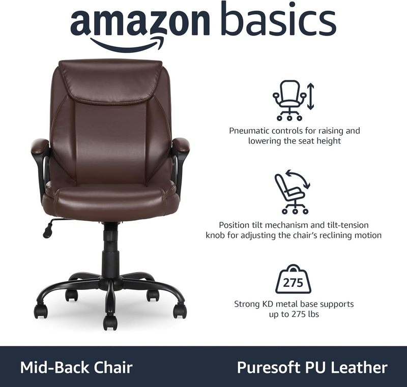 Brown PU Padded Mid-Back Office Chair Adjustable Height Armrests Wheels3