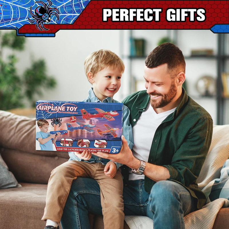 3 Pack Spider LED Foam Airplane Launcher Toys 2 Flight Modes Outdoor Kids7