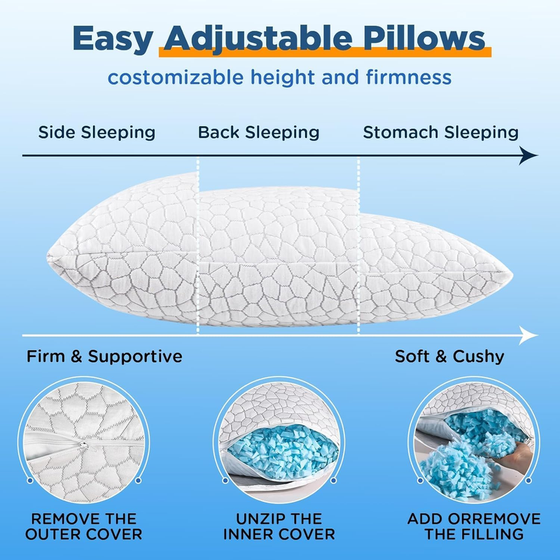 Cooling Queen Pillows Set of 2 Shredded Memory Foam Adjustable Gel7
