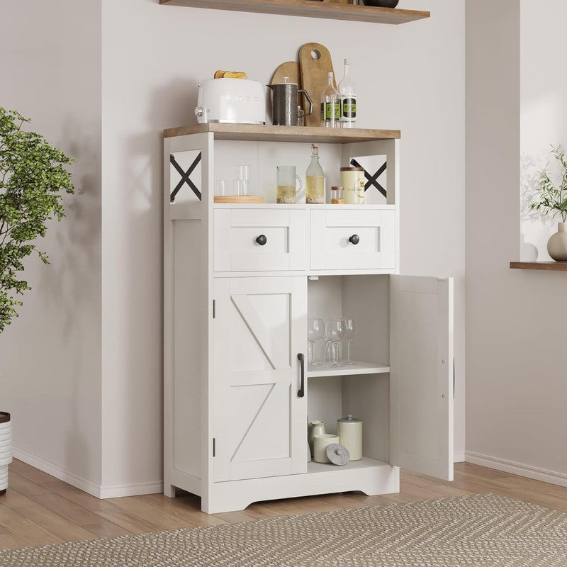 Farmhouse White Storage Cabinet with Doors and Drawers, Freestanding Kitchen Pan3