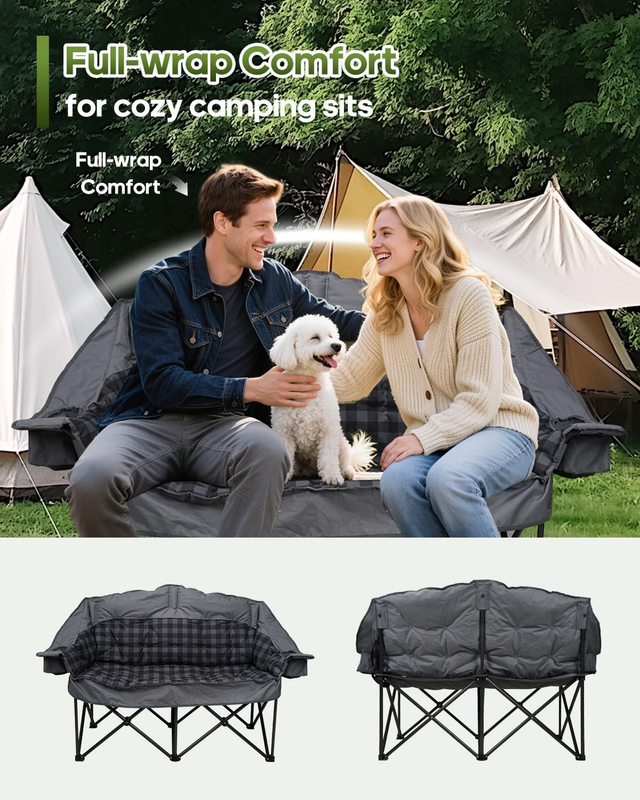 Heavy Duty Double Camping Chair Loveseat Folding Sofa w/ Cup Holders Gray3