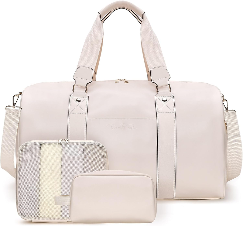 3 in 1 Leather Duffle Bag w/ Shoe & Toiletry Compartment Weekender Beige10