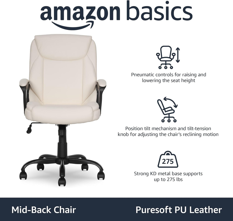 Cream PU Padded Mid-Back Office Chair Adjustable Height Armrests3