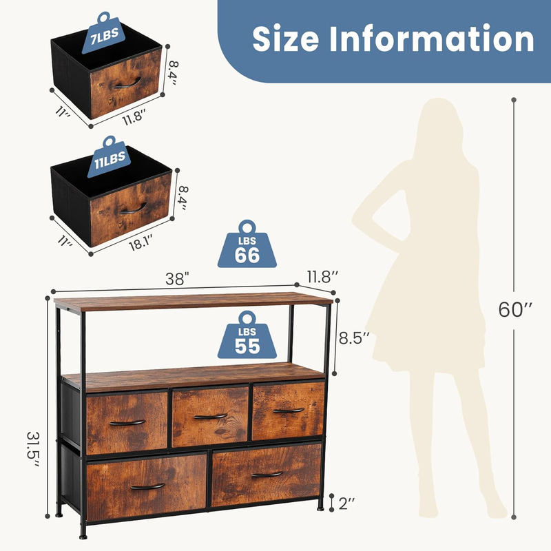 Rust TV Stand Dresser 5 Fabric Drawers Media Console 45" TV Compact Storage Unit2