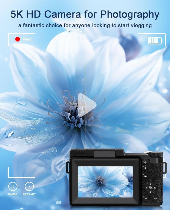 5K Digital Camera 64MP Vlogging 18X Zoom 180° Flip Screen WiFi w Lenses & 64GB1