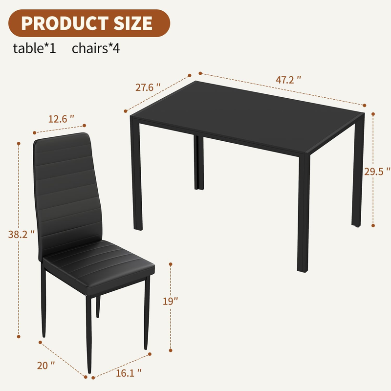 5 Piece Glass Dining Table Black 4 Chairs Upholstered Faux Leather Easy Assembly6
