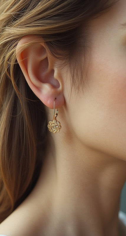 14K Yellow Gold Plated Caged with Crystals Rose Lever Back Earrings2