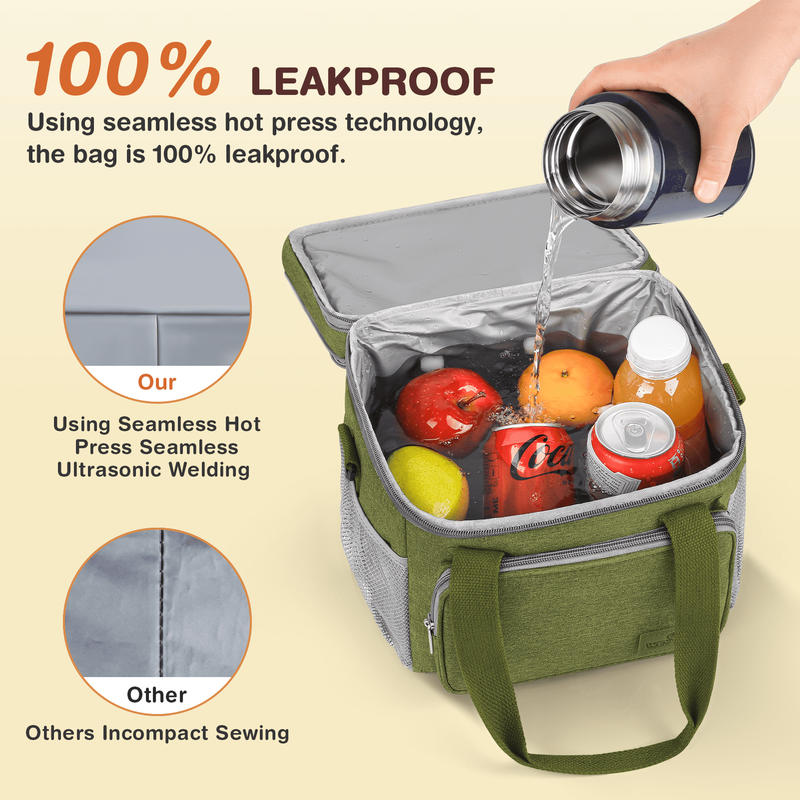 17L Insulated Lunch Bag Expandable Double Deck Cooler Tote Leakproof Work Green6