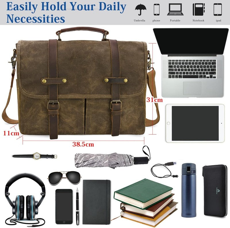 Mens Messenger Bag 15.6in Waterproof Leather Canvas Laptop Briefcase Coffee2