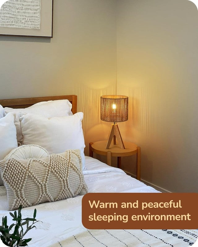 Small Rattan Table Lamp Wood Tripod Bedside Boho Nightstand Lamp E266