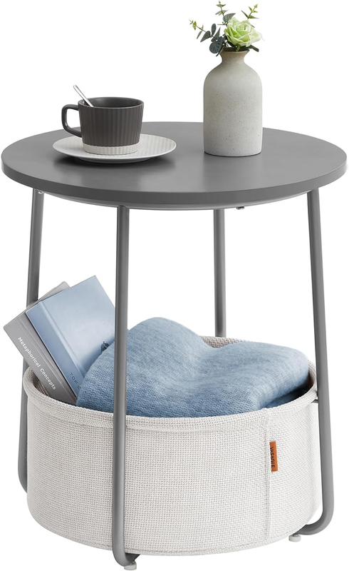 Modern Round Side Table Nightstand with Fabric Basket Cement Gray Cream0