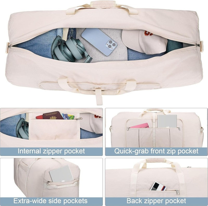 120L Large Travel Duffel Bag Foldable w/ Shoe Compartment Beige3