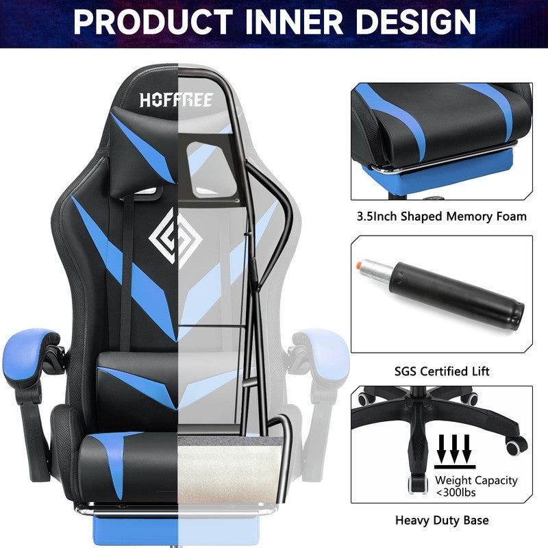 Gaming Chair with Speakers PU Leather Office Chair with Footrest and LED Lights 7