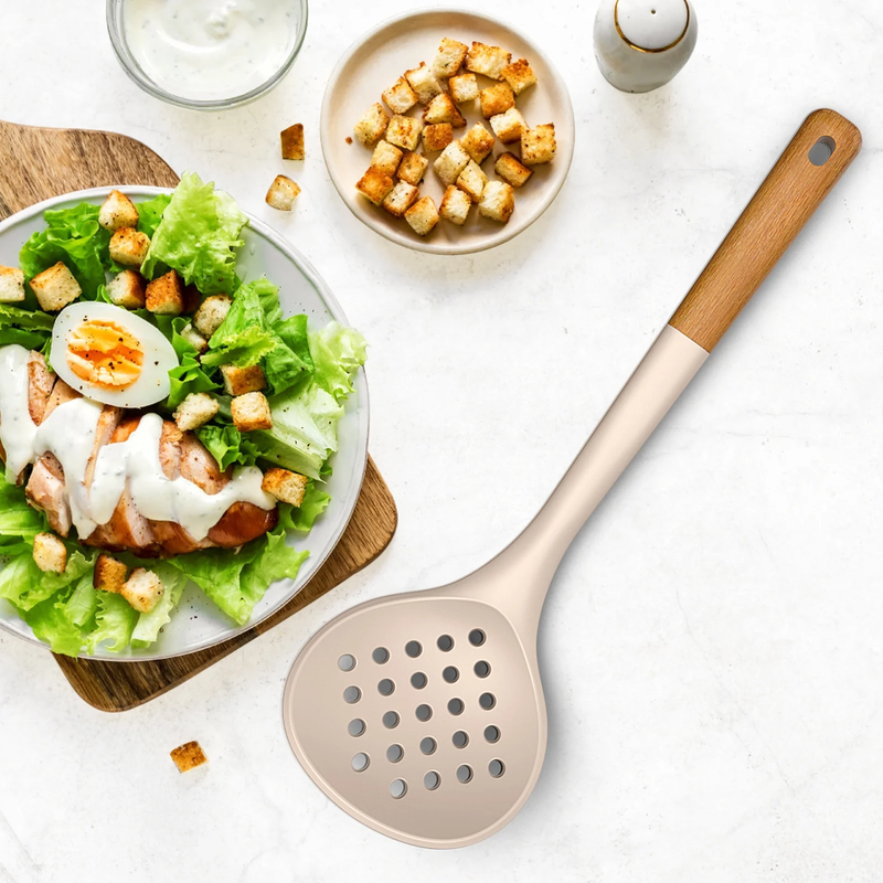 Large Silicone Kitchen Utensil Set Wooden Handle Heat Resistant Khaki6