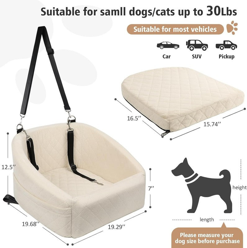 Dog Car Seat Small/Medium Dogs under 30lbs Washable Booster w/ Pockets White1