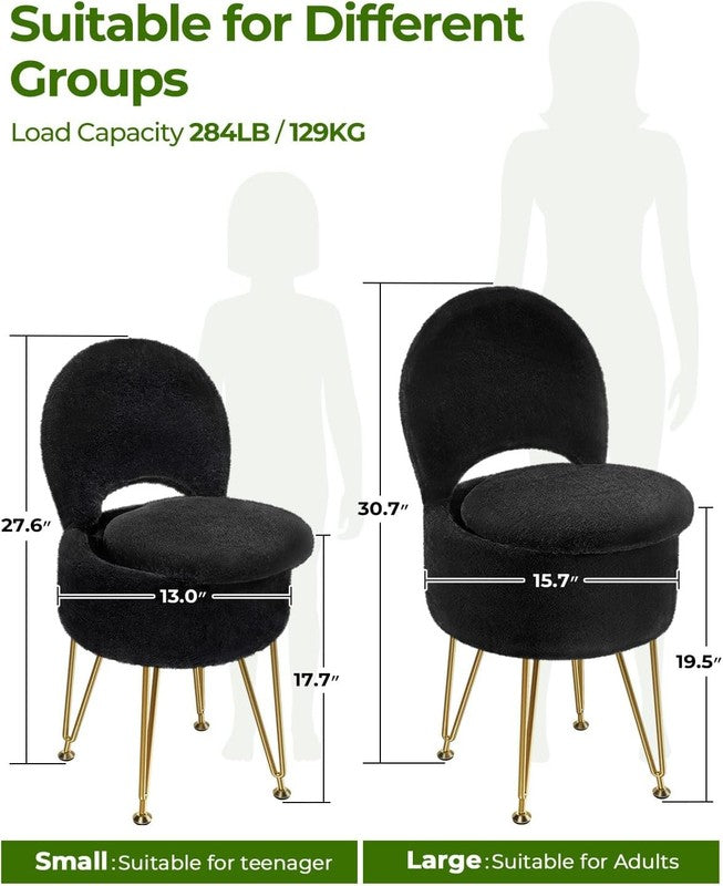 Faux Fur Vanity Stool Chair w/Storage Folding Back Ottoman Black1