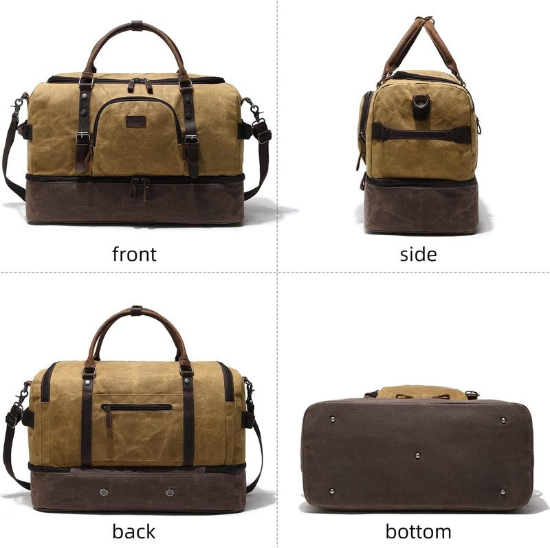 Nerlion Weekender Duffle Bag Brown Canvas Leather Carry On w/ Shoe Compartment8