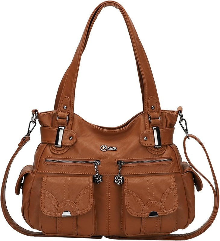 Women's Large PU Leather Hobo Tote Multi Pocket Shoulder Bag1