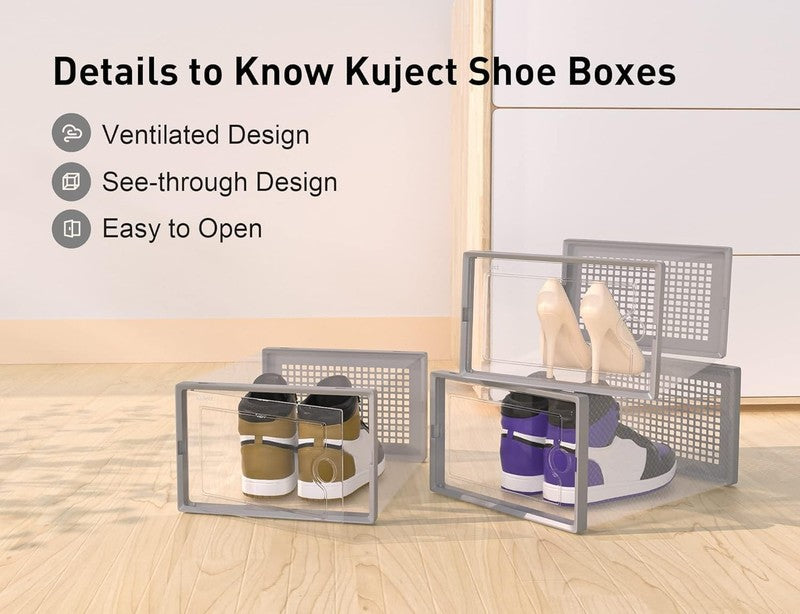 12 Pack X Large Clear Shoe Storage Boxes, Stackable Organizer Bins, Grey3