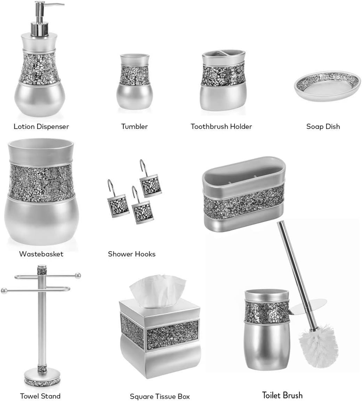 Elegant 4-Piece Crackled Glass Bathroom Accessory Set - Silver Finish6