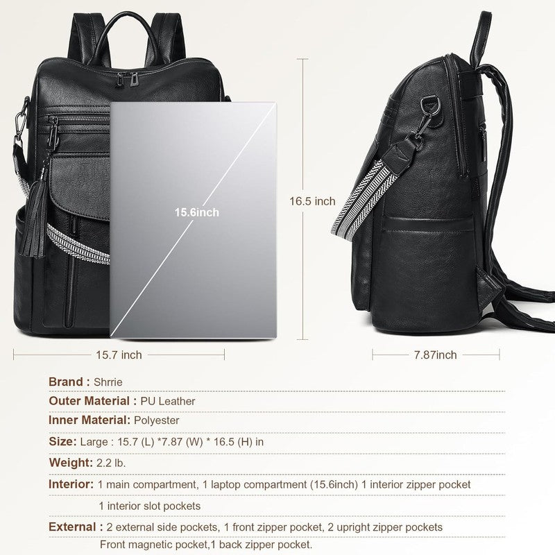 Women Laptop Backpack 15.6" Leather Travel Work Water Resistant Black2