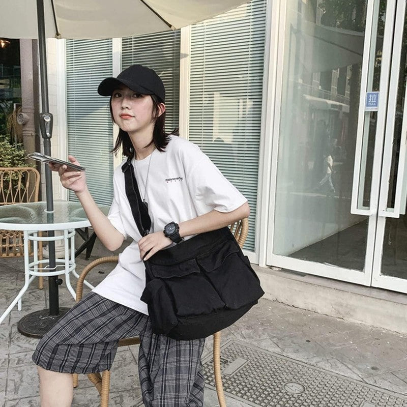 Aesthetic Cute Bag School Vintage Black Canvas Crossbody Shoulder Laptop Bag3