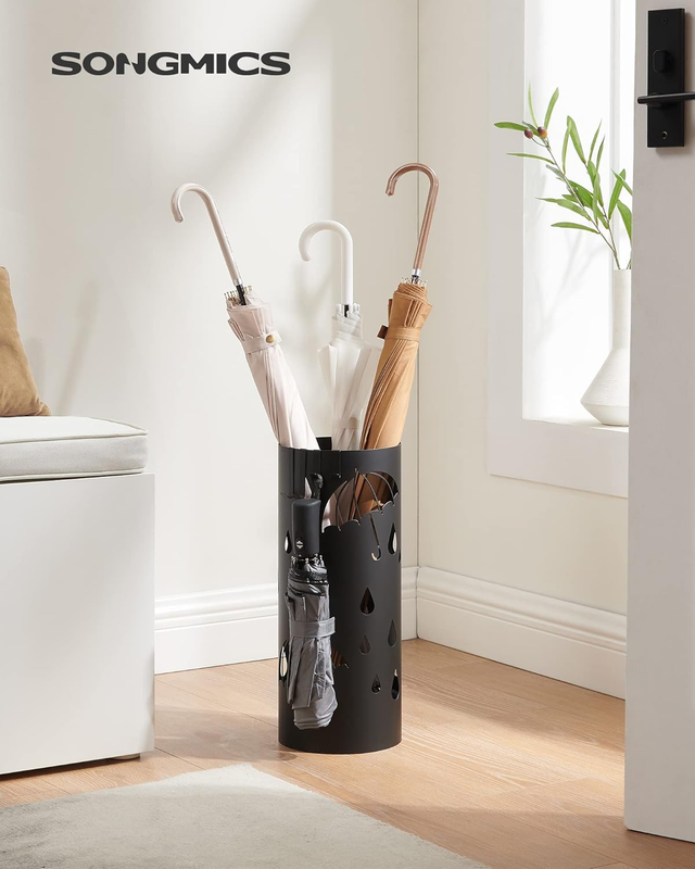 Metal Umbrella Stand Round w/ Water Tray 4 Hooks 16.1" Ink Black ULUC024B011