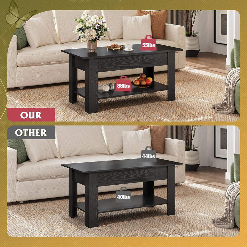 39" Lift Top Coffee Table w/ Hidden Compartment Storage Shelf Black Oak6