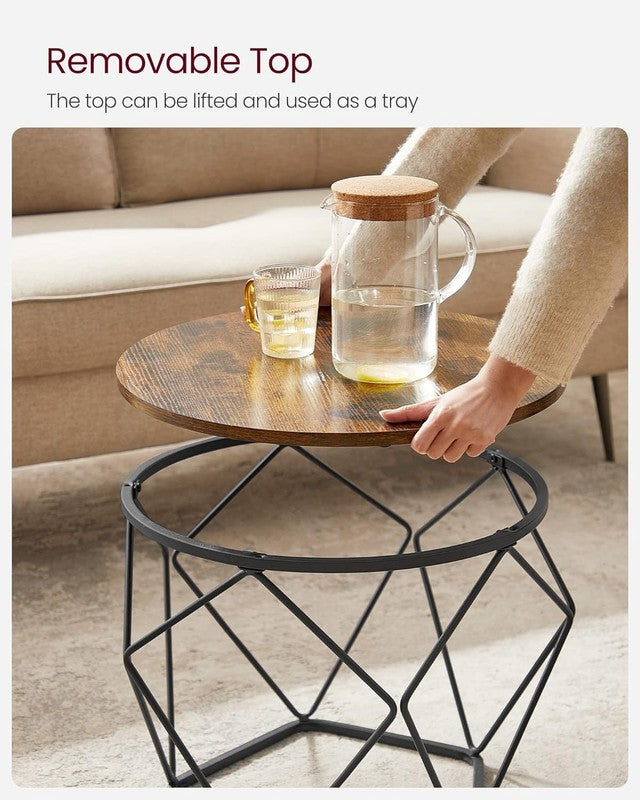 Small Round Coffee Table Set of 2 Steel Frame Side End Tables Rustic Brown Black5