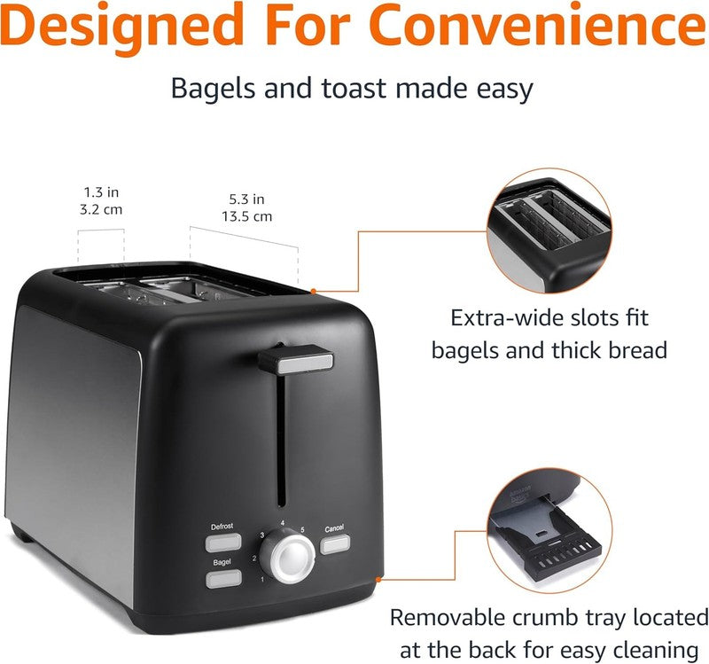 2 Slice Toaster Black & Silver - Wide Slots, 7 Shades, Bagel, Defrost, 800W2