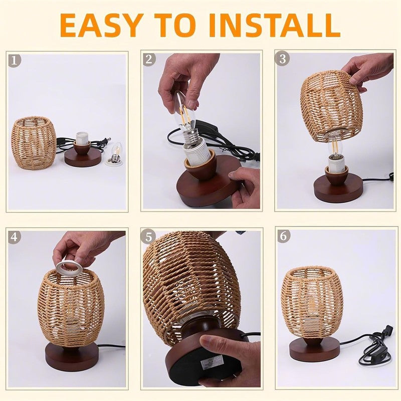 Rattan Table Lamp Boho Small Bedside Wicker Nightstand Wooden LED Lamp6