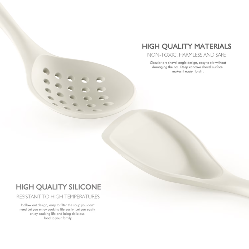 Large Silicone Kitchen Utensil Set Wooden Handle Heat Resistant Warm White3