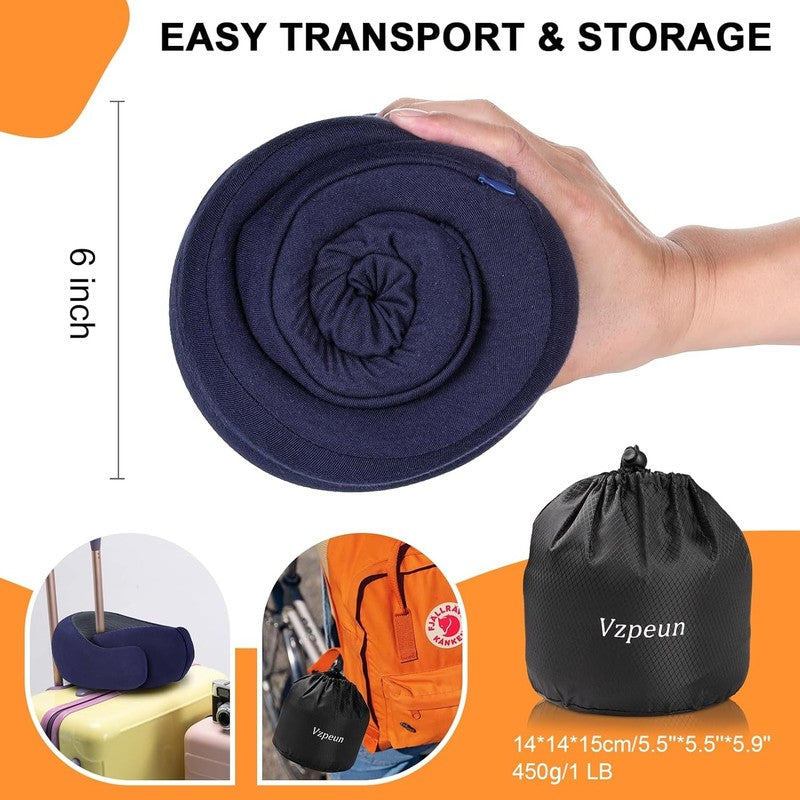 Hooded Memory Foam Travel Neck Pillow w/ Eye Mask & Earplugs – Navy Blue5