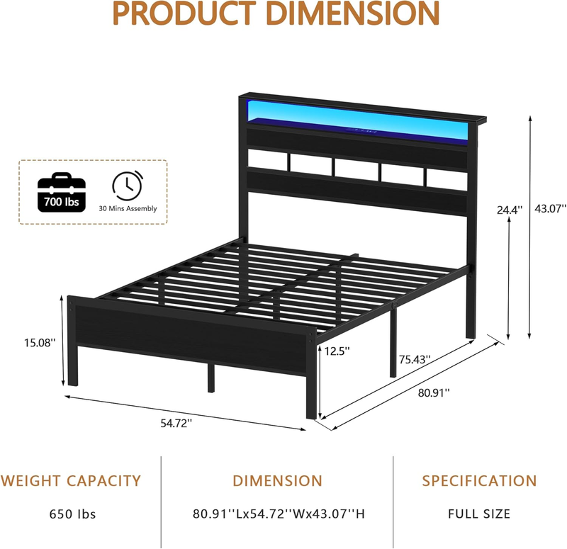 Size Bed Frame LED Charging Station Storage Headboard Metal Platform Black Oak7