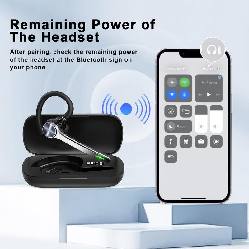 Bluetooth Headset V5.1 Wireless Earpiece 72H Talk Time 500mAh Case Trucker2