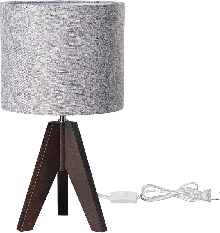 Boho Small Table Lamp Wooden Tripod Bedside Lamp Grey Linen Shade E26 14.2in7