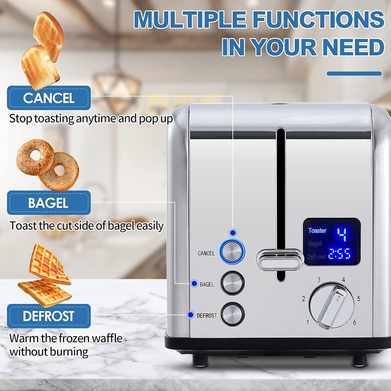 Silver Stainless Steel 2 Slice Toaster - LED Display, Wide Slots, 6 Shades Bagel4