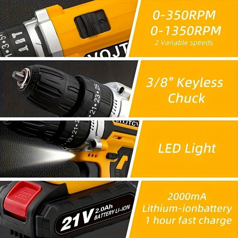 21V Cordless Drill Set 2Ah Battery 25+1 Torque 2-Speed Keyless Chuck Yellow2