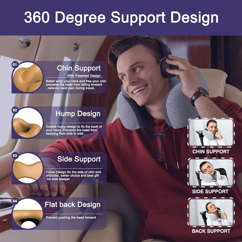 Travel Neck Pillow 100% Memory Foam – Portable Airplane Headrest – Light Grey2