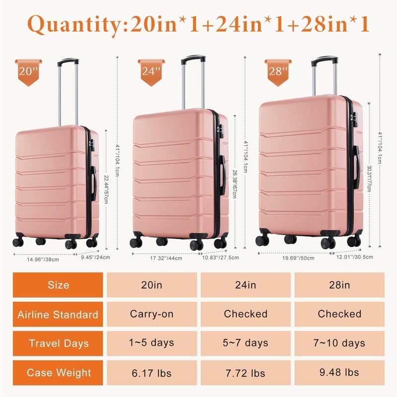3-Piece Hard Shell Luggage Set ABS Expandable Spinner TSA Lock Pink7