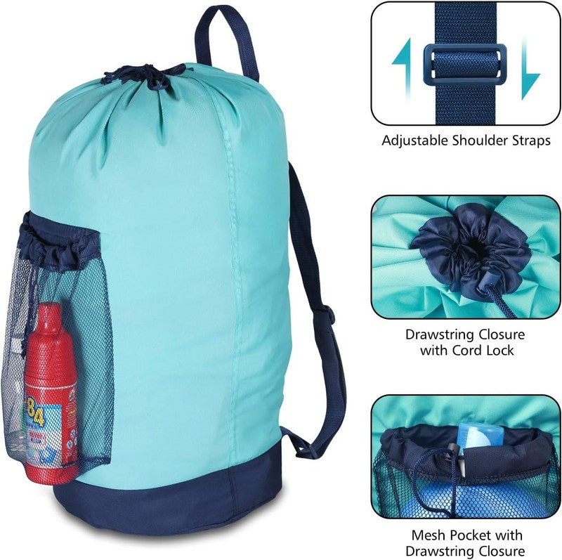 Backpack Laundry Bag with Straps & Mesh Pocket, Durable Nylon Clothes Blue2