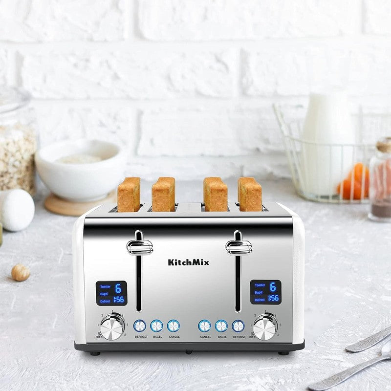 4 Slice Toaster White - Stainless Steel, LCD Timer, Wide Slots, Dual Display7