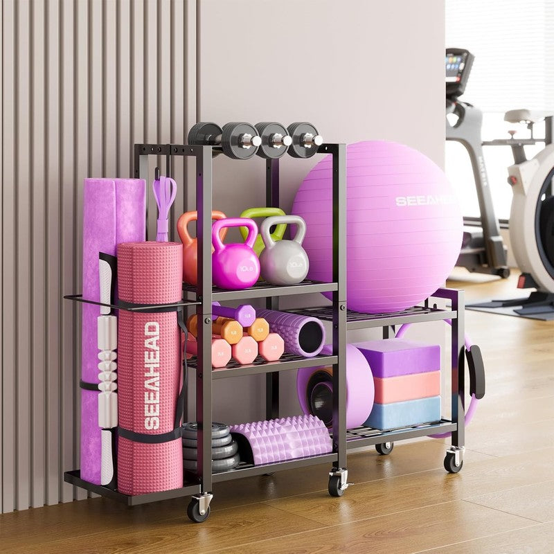 6 Tier Home Gym Storage Rack Dumbbell Weight Yoga Mat Organizer with Wheels2