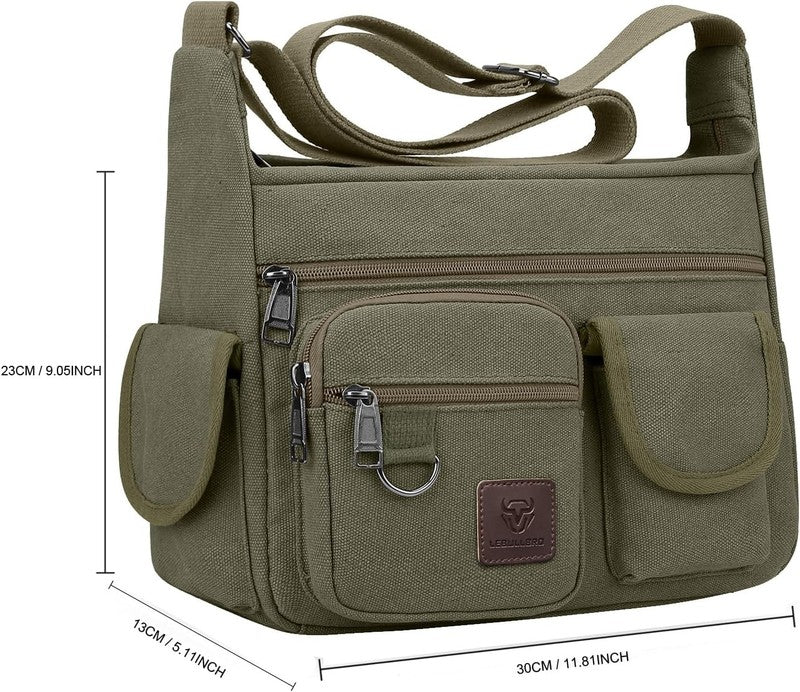 Canvas Shoulder Bag Men Multi Pocket 13 Inch Laptop Crossbody Travel Bag5